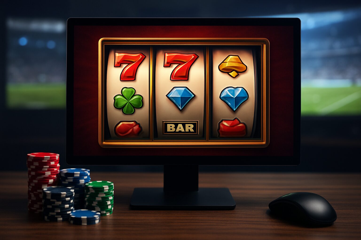 A computer monitor displaying a slot machine game with various symbols, surrounded by poker chips on a wooden table.